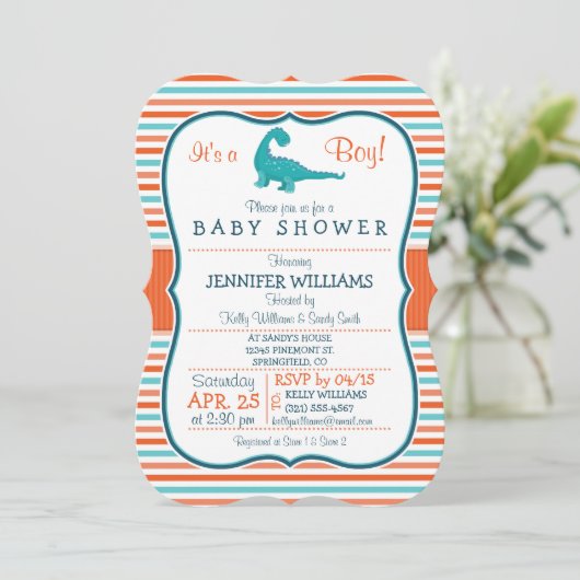 恐竜;ティール(緑がかった色)&オレンジストライプ色の赤ちゃんシャワー 招待状 (スタンド正面)