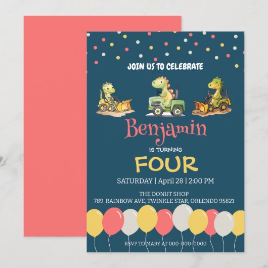 恐竜 トラクター トラック 風船 学校 誕生日 招待状 (正面/裏面)