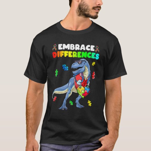 恐竜 ハート パズル ピース 自閉症 認識 少年 Tシャツ (正面)