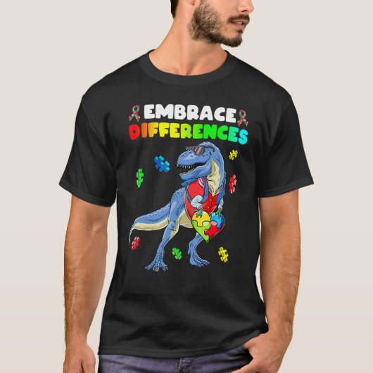 恐竜 ハート パズル ピース 自閉症 認識 少年 Tシャツ (正面)