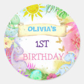 恐竜 フラワー ギターター 女の子 1歳 誕生日  ラウンドシール (正面)