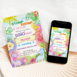 恐竜 フラワー グリッター ガール 2歳の誕生日 招待状