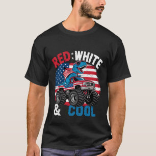 恐竜 モンスタートラック 恐竜 7月4日 アメリカ国旗 フラグ 男の子 Tシャツ