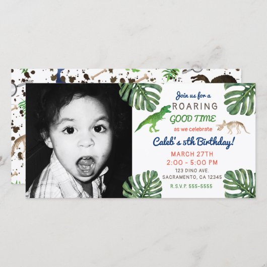 恐竜！恐竜の誕生日パーティー写真写真 サンキューカード (正面/裏面)