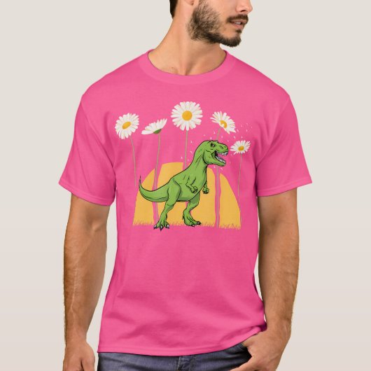 恐竜 春の夕焼け 高くそびえるデイジーの花 ディノ Tシャツ (正面)
