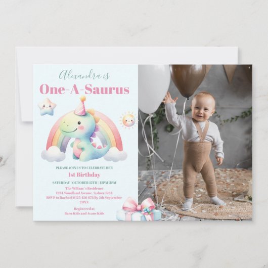 恐竜 1歳 誕生日 カラフル かわいい 招待状 (正面)