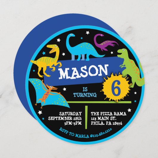 恐竜DINOネオン誕生日パーティーへの招待 招待状 (正面/裏面)