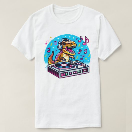 恐竜DJ - Pixel Artおもしろい Musicデザイン Tシャツ (デザイン正面)