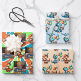 恐竜Tレックスをテーマにしたパーソナライズされた誕生日 ラッピングペーパーシート