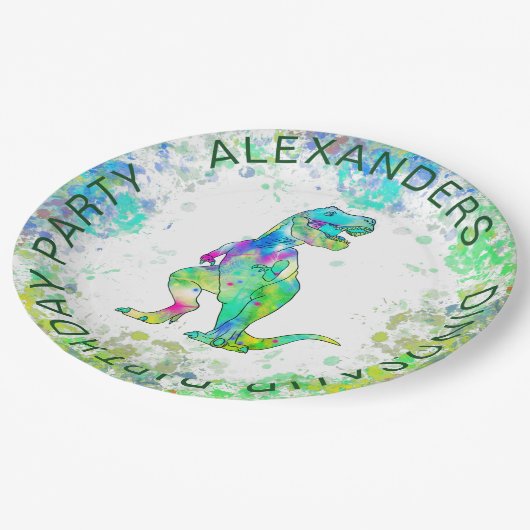 恐竜Tレックスカラフル水彩誕生日パーティー ペーパープレート (アングル)