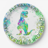 恐竜Tレックスカラフル水彩誕生日パーティー ペーパープレート (正面)
