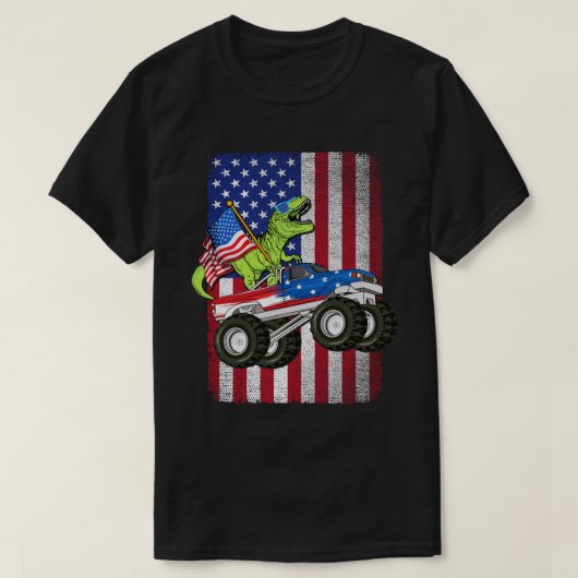 恐竜Tレックスモンスタートラックアメリカ国旗 Tシャツ (デザイン正面)
