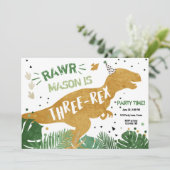 恐竜Tレックス三レックスRAWR金ゴールド少年誕生日 招待状 (スタンド正面)