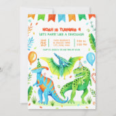恐竜Tレックス少年の誕生日パーティー水色 招待状 (正面)