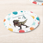 恐竜Tレックス誕生日グレー ラウンドペーパーコースター (アングル)