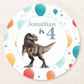 恐竜Tレックス誕生日グレー ラウンドペーパーコースター (正面)