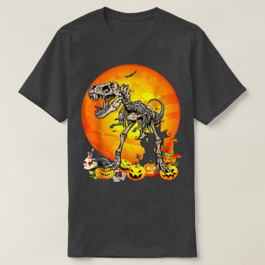 恐竜Tレックス骨格カボチャとムーンハロウィー Tシャツ (デザイン正面)