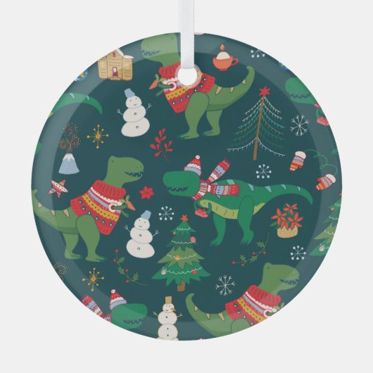 恐竜Tレックス：クリスマス新年。 ガラスオーナメント (正面)