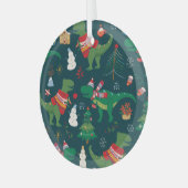 恐竜Tレックス：クリスマス新年。 ガラスオーナメント (正面左)