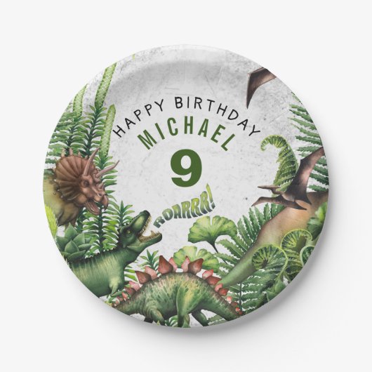 恐竜T-Rex 男の子 誕生日パーティー なんでも年齢 ペーパープレート (正面)
