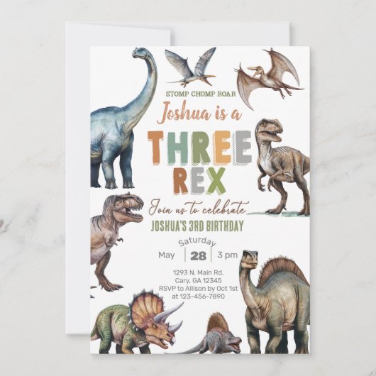 恐竜THREE-REX男の子3歳の誕生日招待状 招待状 (正面)