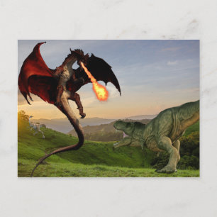 恐竜vs赤い炎を吐くドラゴンの戦い ポストカード