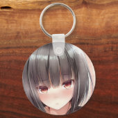 恥ずかしいアニメガールブルネットボブ琥珀の目 キーホルダー (正面)