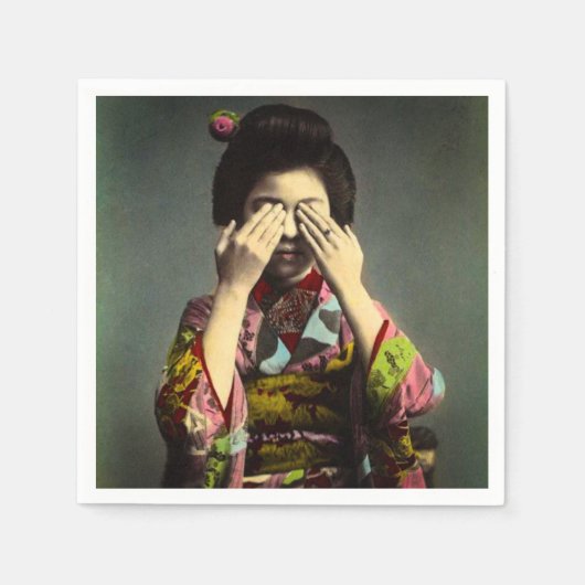 恥ずかしがり屋のヴィンテージ旧日本手彩色 スタンダードカクテルナプキン (正面)