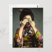 恥ずかしがり屋のヴィンテージ旧日本手彩色 ポストカード (正面/裏面)