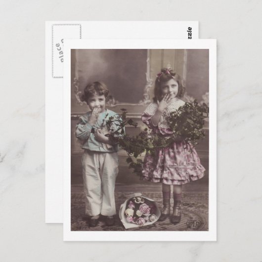 恥ずかしがり屋の子供たち花アンティークはがき ポストカード (正面/裏面)