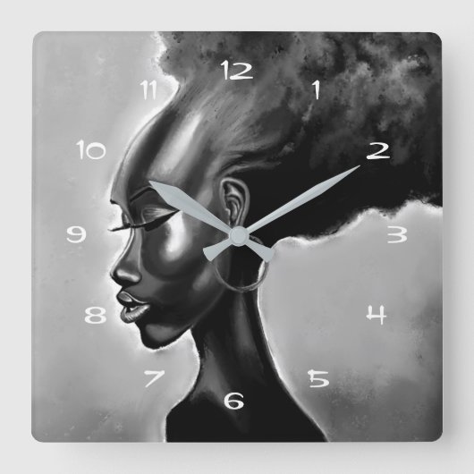 恥ずかしがり屋 – かわいらしアフリ絵画カ女性 – エレガント スクエア壁時計 (正面)