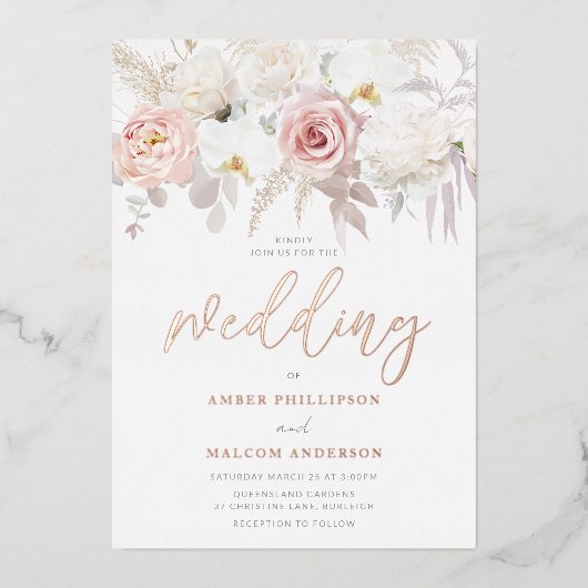 息をのむようなバラ金ゴールドと赤面結婚フローラ実在ズ 箔招待状 (正面)