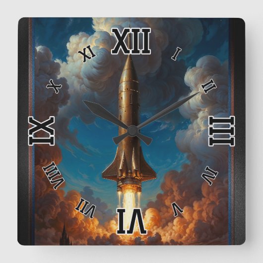 息をのむようなレトロな核融合ロケットの発射 スクエア壁時計 (正面)