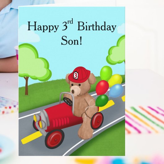 息子さんハッピー3歳の誕生日テディベア消防車 カード