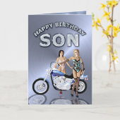 息子のために、女の子とバイクの誕生日 カード (黄色い花)