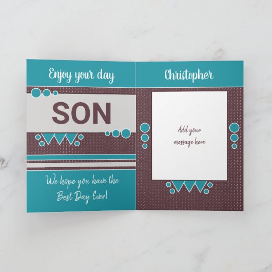 息子のブラウンとターコイズの誕生日を持って幸運 カード (内部)