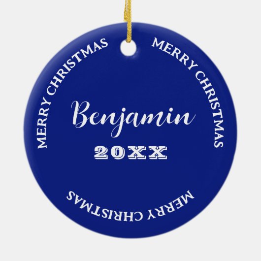 息子の写真と名前ネイビーブルークリスマス セラミックオーナメント (裏面)