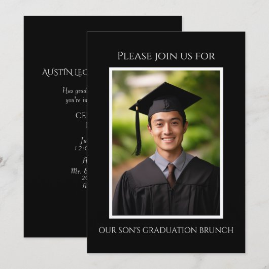 息子の卒業式の写真付きランチ招待状 招待状 (正面/裏面)