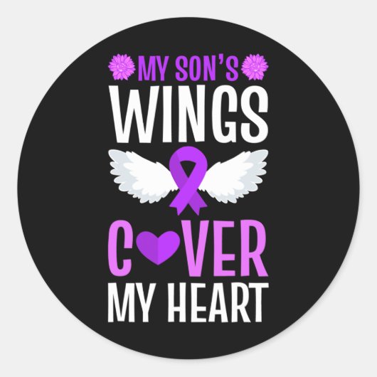 息子の翼が紫のハートを覆う ラウンドシール (正面)