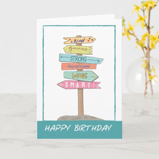 息子の誕生日におすすめの楽しいサイン 素晴らしい資質を持つ素敵な青年 カード (黄色い花)