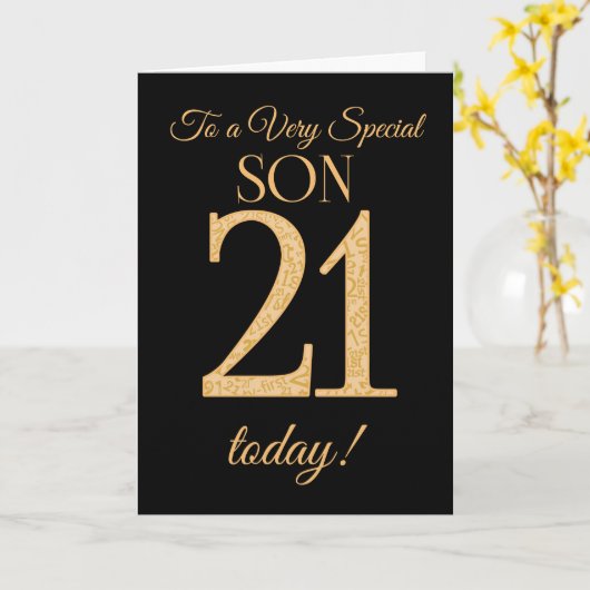 息子の誕生日のための黒の上品の第21金ゴールド効果、 カード (黄色い花)