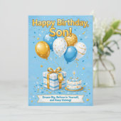 息子の誕生日カード - 青と金の風船とケーキ 招待状 (スタンド正面)