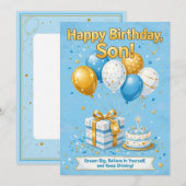 息子の誕生日カード - 青と金の風船とケーキ 招待状 (正面/裏面)