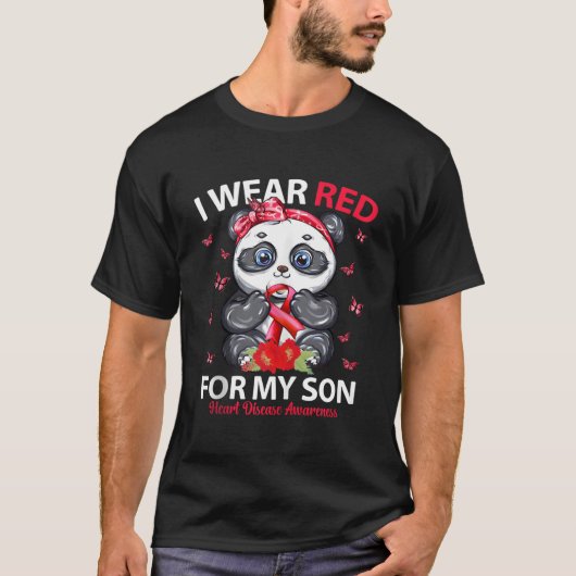 息子の闘病を応援する赤い服 パンダデザイン Tシャツ (正面)