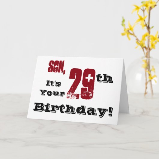 息子の黒いの第29誕生日の挨拶、赤い、白い カード (黄色い花)