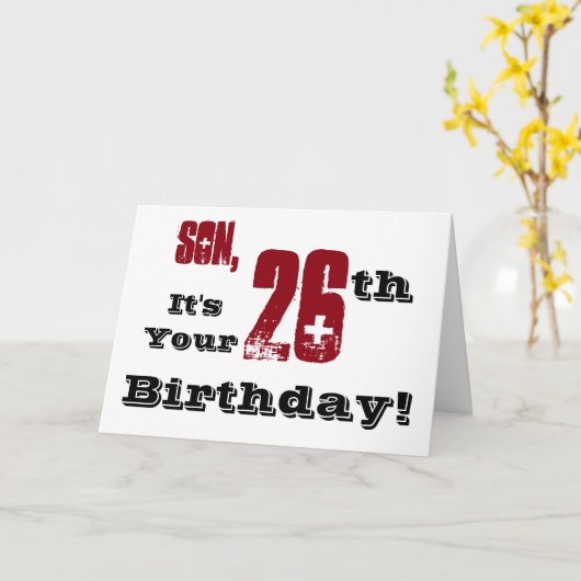 息子の26歳の誕生日の挨拶は黒、赤、白。 カード (黄色い花)
