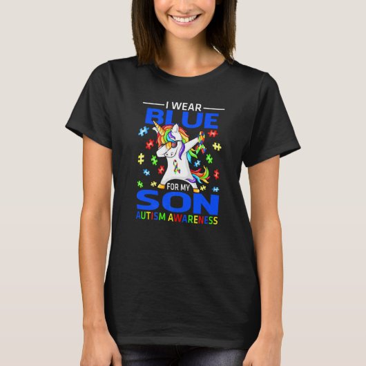 息子への自閉症啓発 ユニコーン ブルーシャツ Tシャツ (正面)