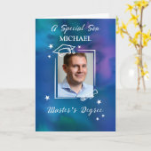 息子カスタムの写真と名前マスターの学位 カード (黄色い花)