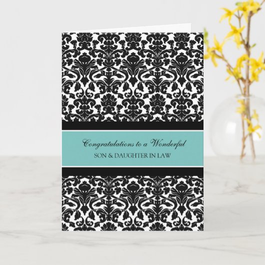 息子及び義理の娘の結婚式のお祝いのティール（緑がかった色） カード (黄色い花)