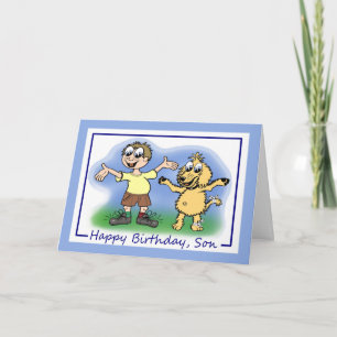 息子誕生日少年と犬の風刺画 カード